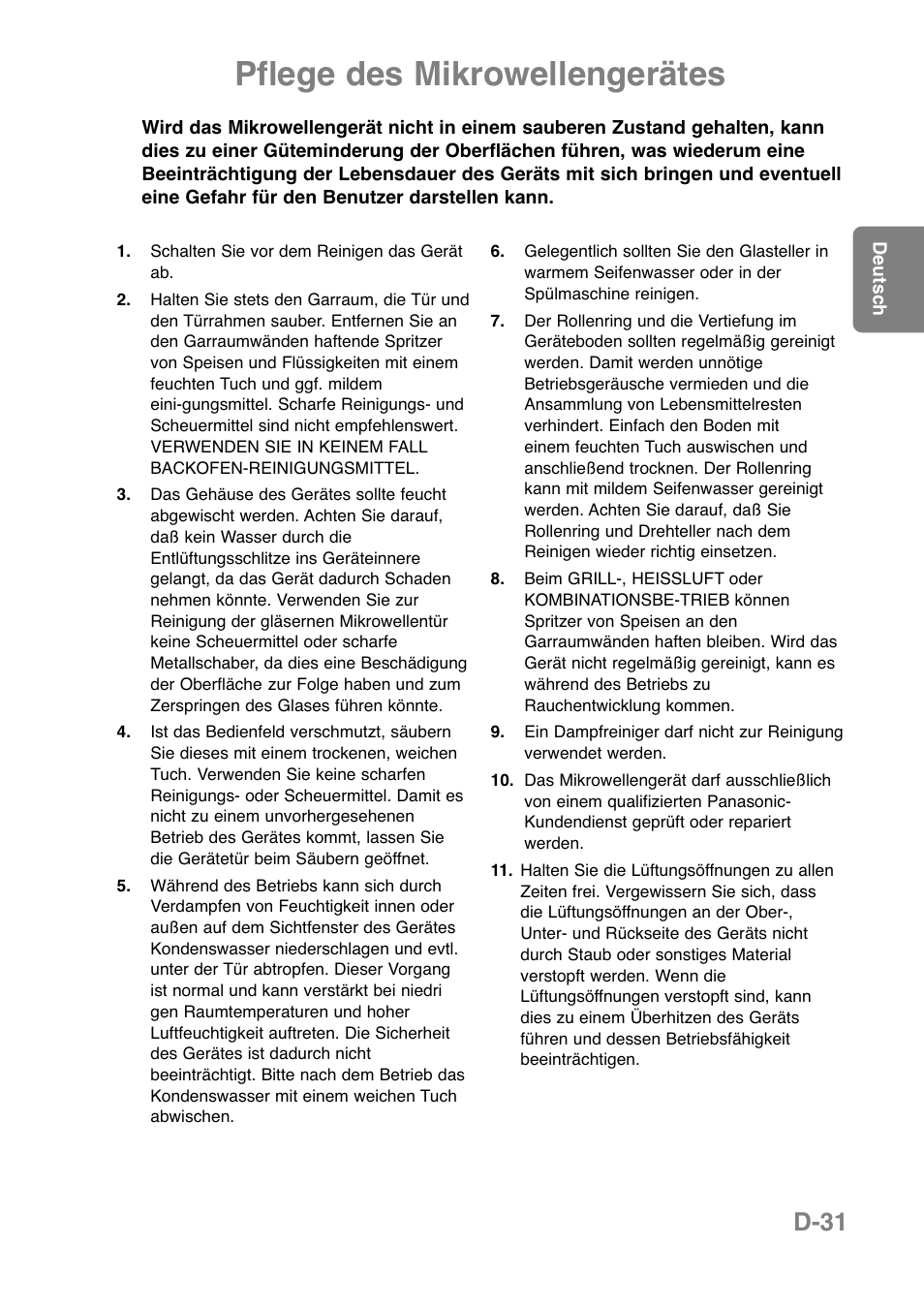 Pflege des mikrowellengerätes, D-31 | Panasonic NNCT850WEPG User Manual | Page 67 / 273