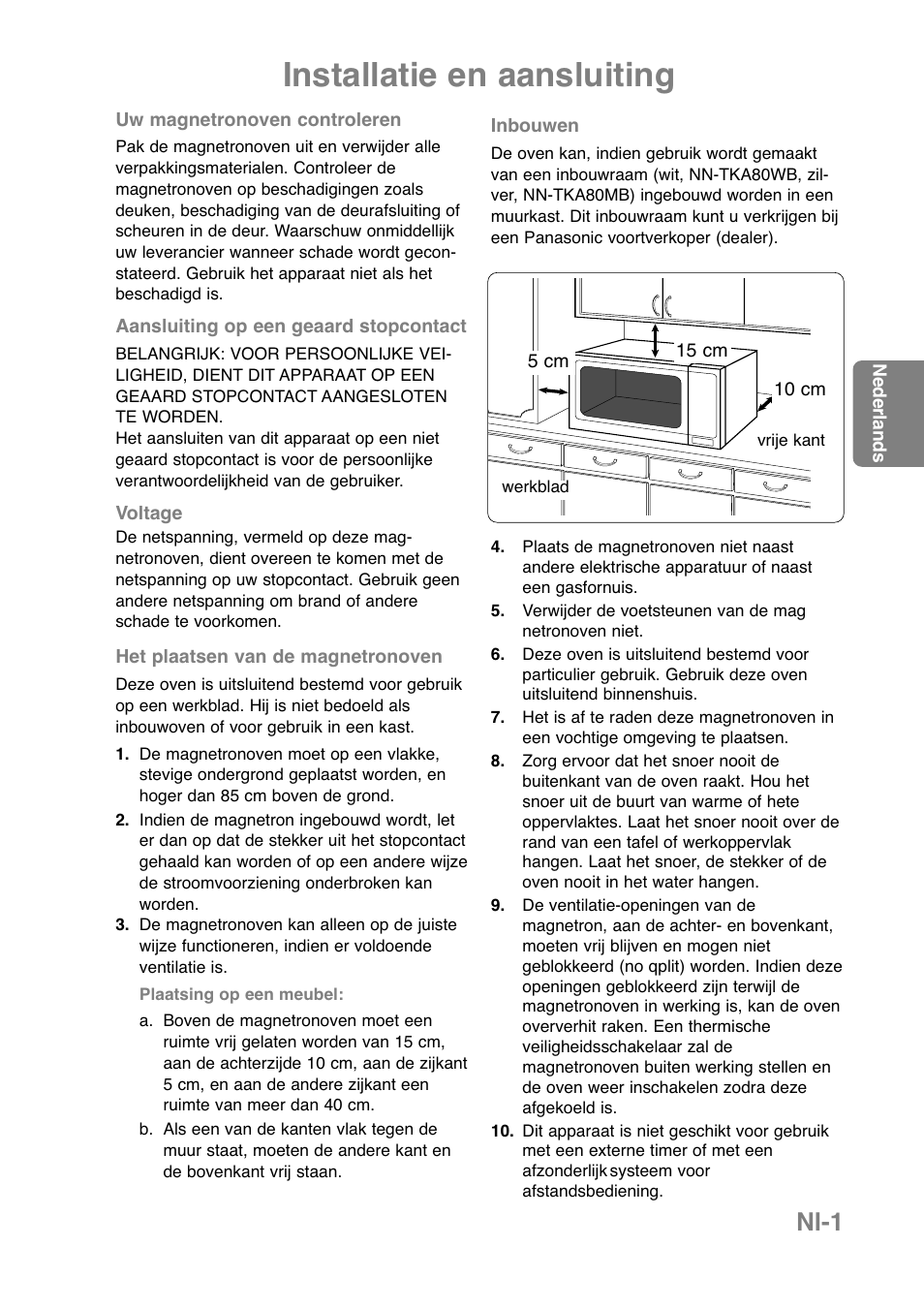 Installatie en aansluiting, Nl-1 | Panasonic NNCT850WEPG User Manual | Page 72 / 273