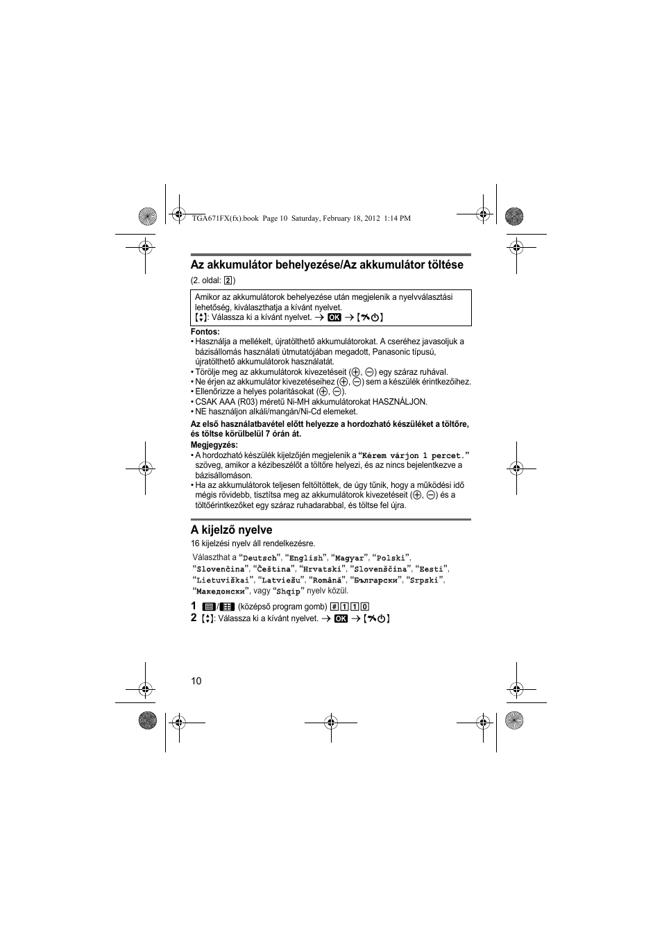 Az akkumulátor behelyezése/az akkumulátor töltése, A kijelző nyelve | Panasonic KXTGA815FX User Manual | Page 10 / 84