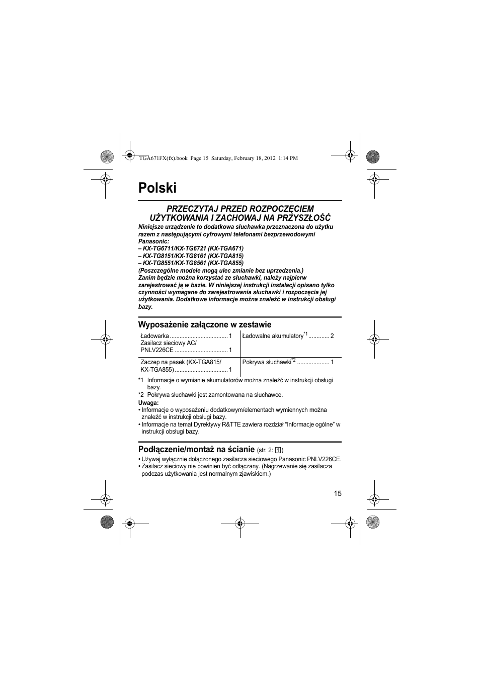 Polski, Wyposażenie załączone w zestawie, Podłączenie/montaż na ścianie | Panasonic KXTGA815FX User Manual | Page 15 / 84