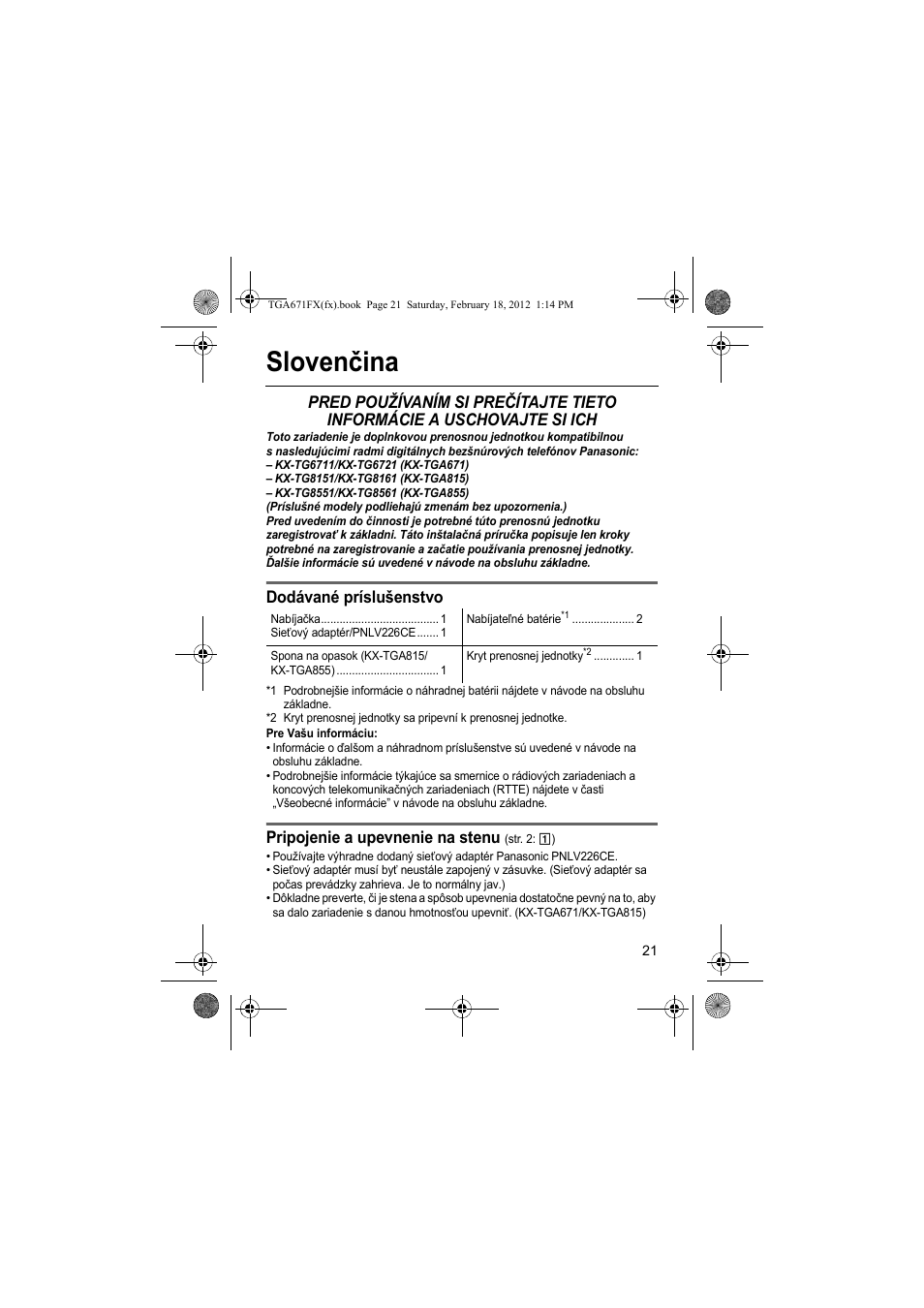 Slovenčina, Dodávané príslušenstvo, Pripojenie a upevnenie na stenu | Panasonic KXTGA815FX User Manual | Page 21 / 84