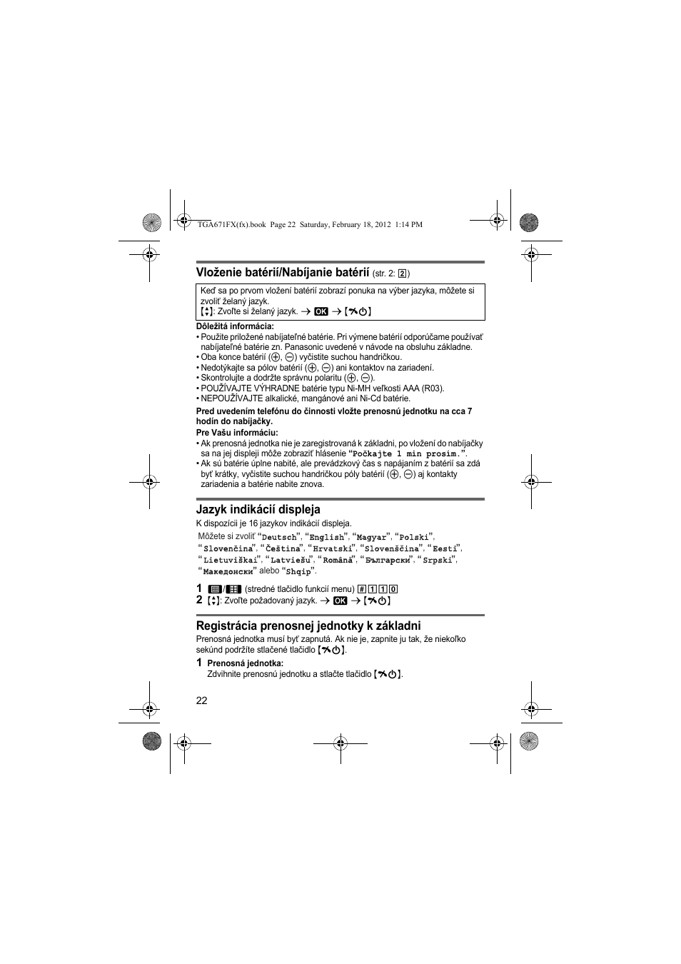 Vloženie batérií/nabíjanie batérií, Jazyk indikácií displeja, Registrácia prenosnej jednotky k základni | Panasonic KXTGA815FX User Manual | Page 22 / 84