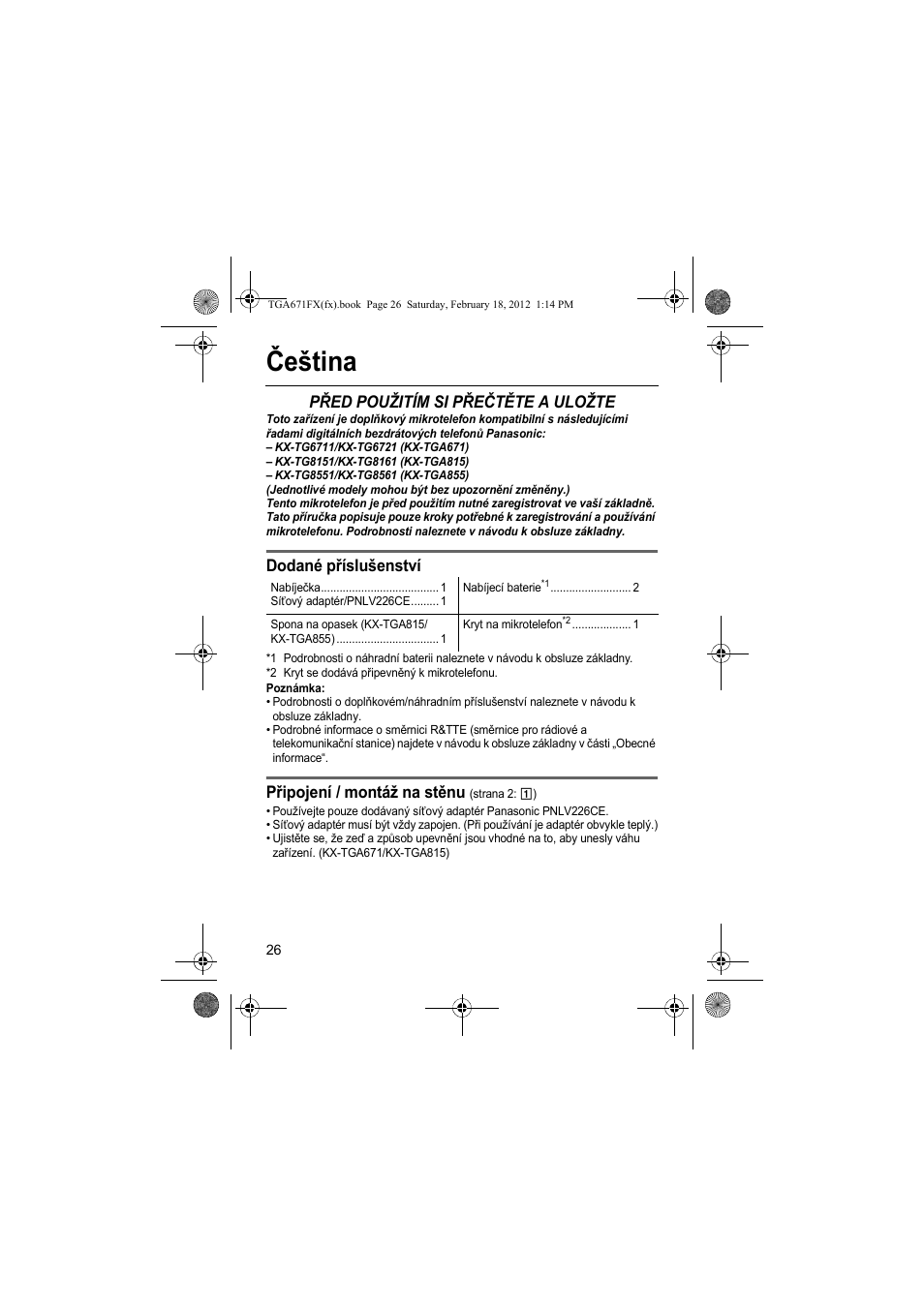 Čeština, Před použitím si přečtěte a uložte, Dodané příslušenství | Připojení / montáž na stěnu | Panasonic KXTGA815FX User Manual | Page 26 / 84