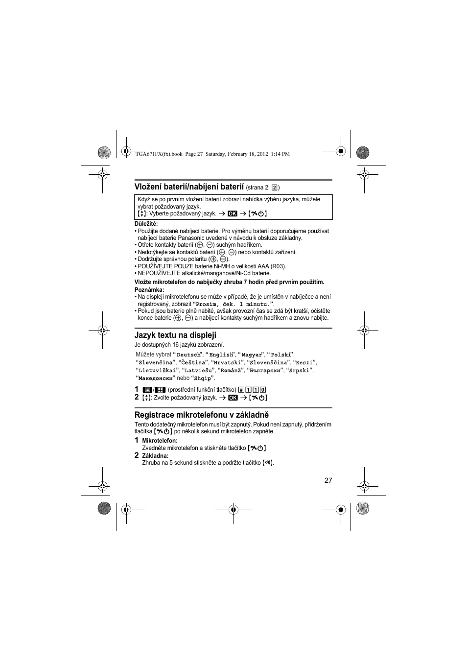 Vložení baterií/nabíjení baterií, Jazyk textu na displeji, Registrace mikrotelefonu v základně | Panasonic KXTGA815FX User Manual | Page 27 / 84