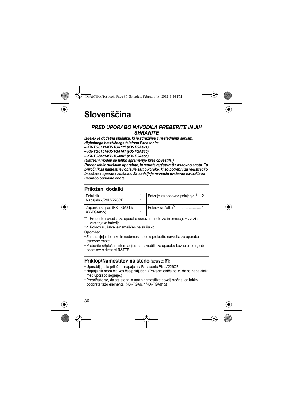 Slovenščina, Pred uporabo navodila preberite in jih shranite, Priloženi dodatki | Priklop/namestitev na steno | Panasonic KXTGA815FX User Manual | Page 36 / 84