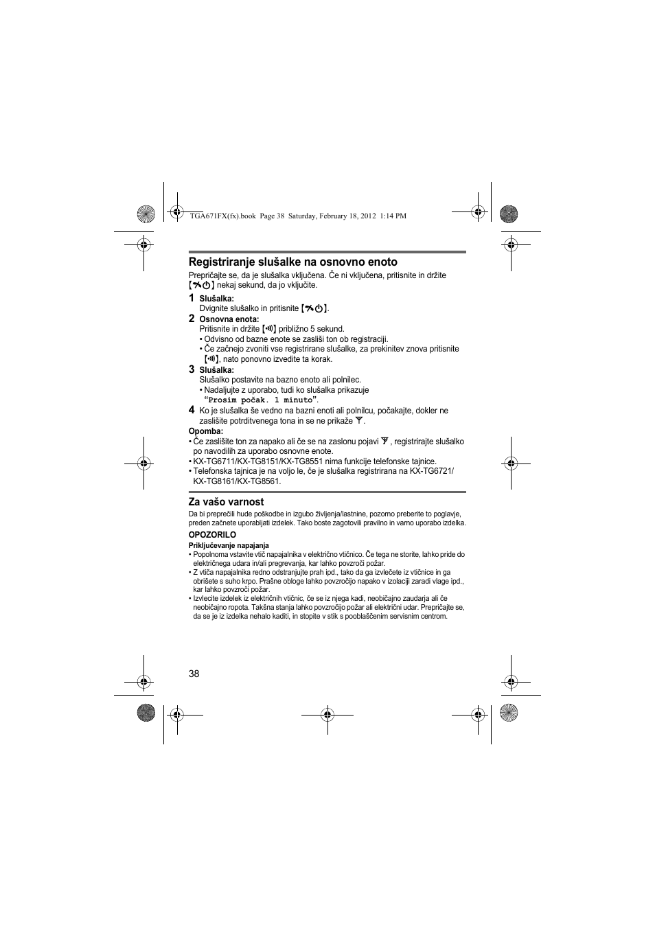 Registriranje slušalke na osnovno enoto | Panasonic KXTGA815FX User Manual | Page 38 / 84