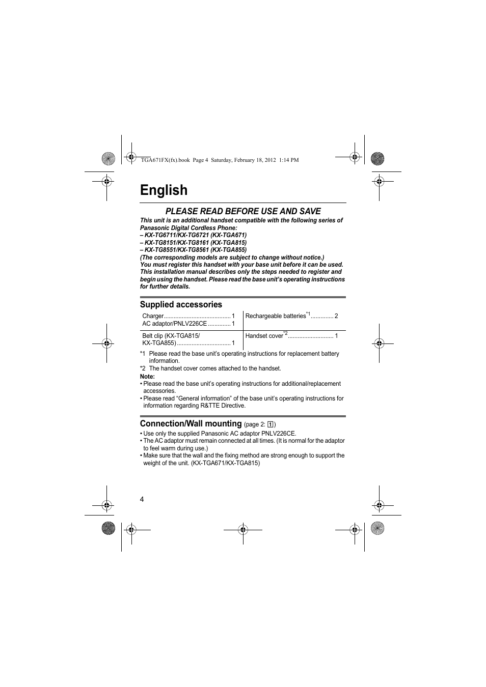 English, Please read before use and save, Supplied accessories | Connection/wall mounting | Panasonic KXTGA815FX User Manual | Page 4 / 84