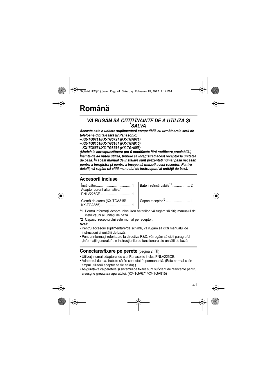 Română, Vă rugăm să citiţi înainte de a utiliza şi salva, Accesorii incluse | Conectare/fixare pe perete | Panasonic KXTGA815FX User Manual | Page 41 / 84