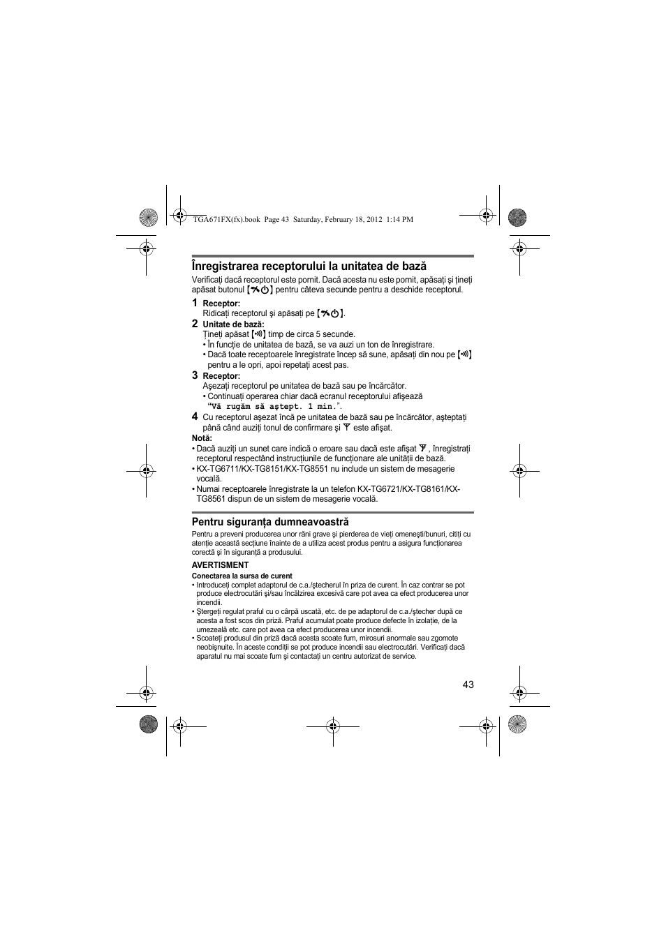 Înregistrarea receptorului la unitatea de bază | Panasonic KXTGA815FX User Manual | Page 43 / 84