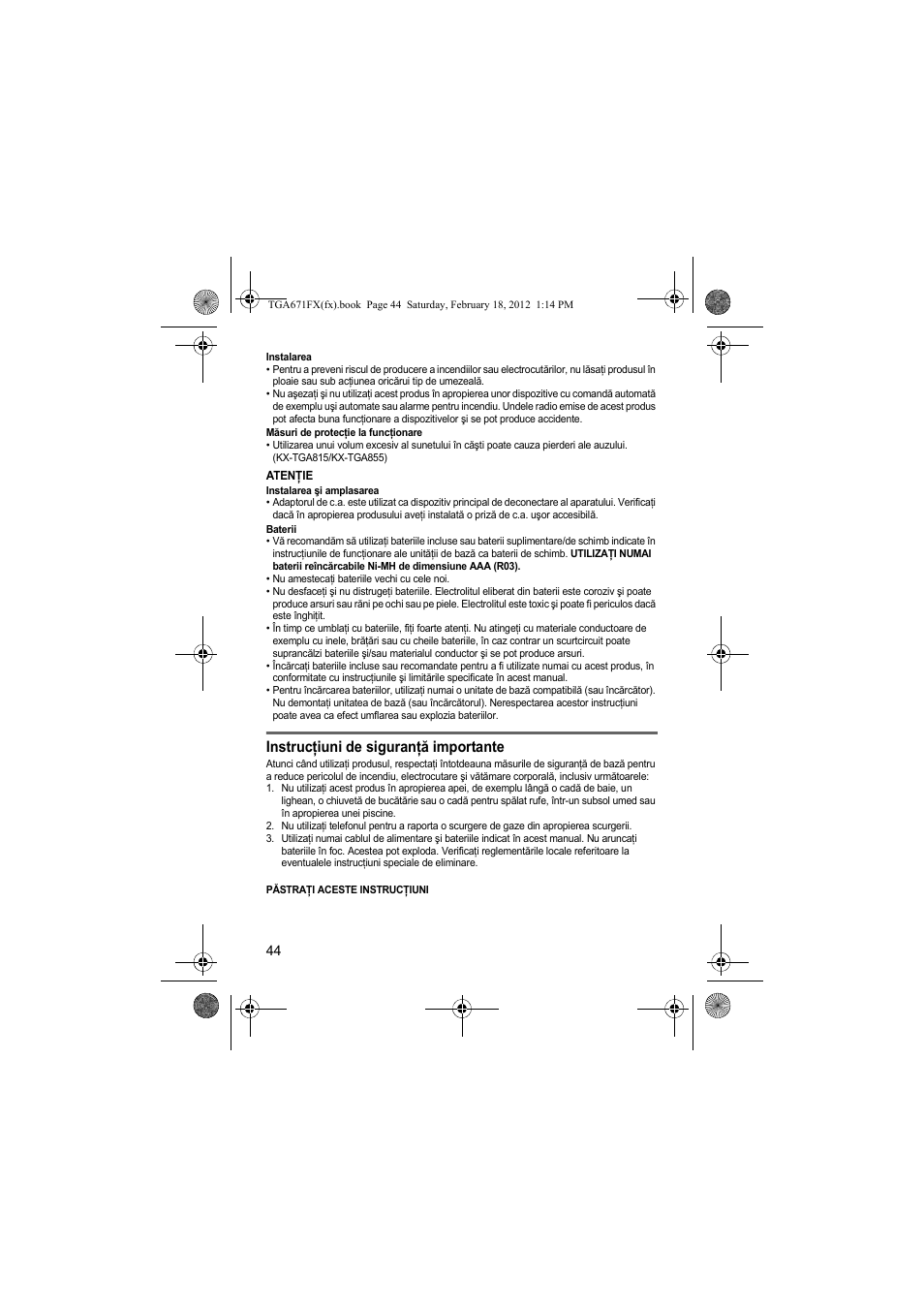 Instrucţiuni de siguranţă importante | Panasonic KXTGA815FX User Manual | Page 44 / 84