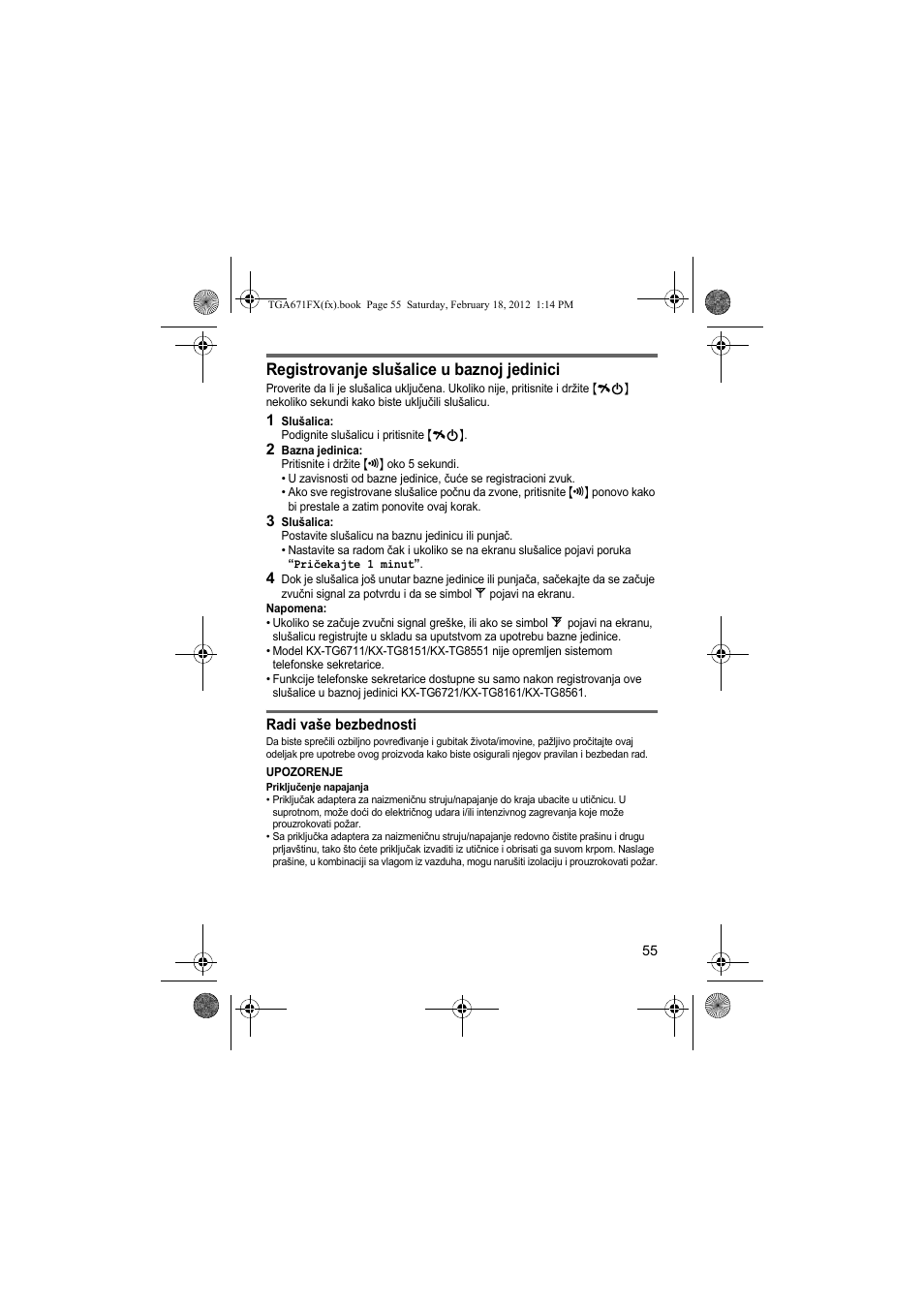 Registrovanje slušalice u baznoj jedinici | Panasonic KXTGA815FX User Manual | Page 55 / 84