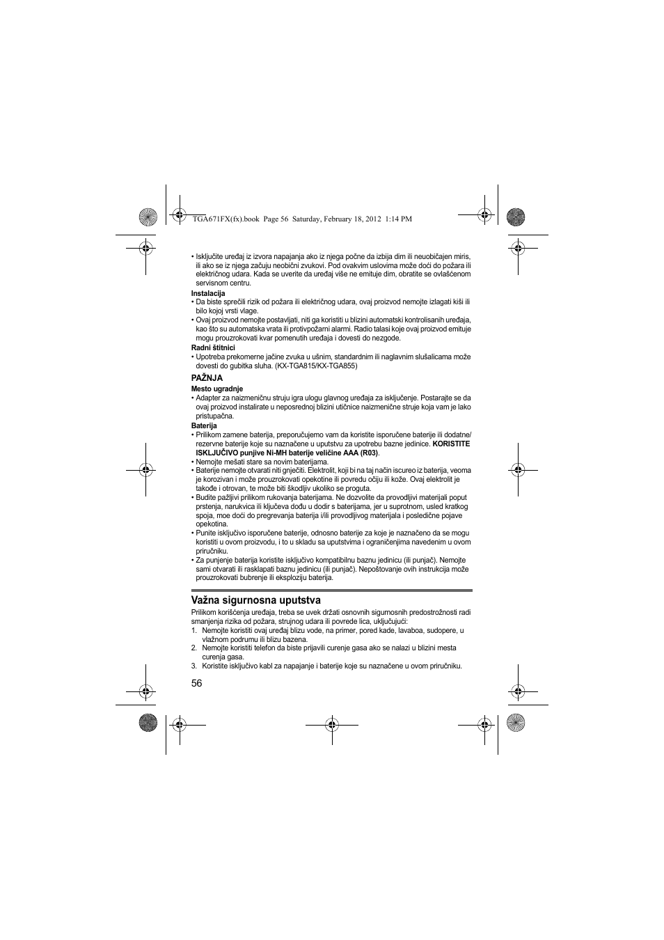 Važna sigurnosna uputstva | Panasonic KXTGA815FX User Manual | Page 56 / 84