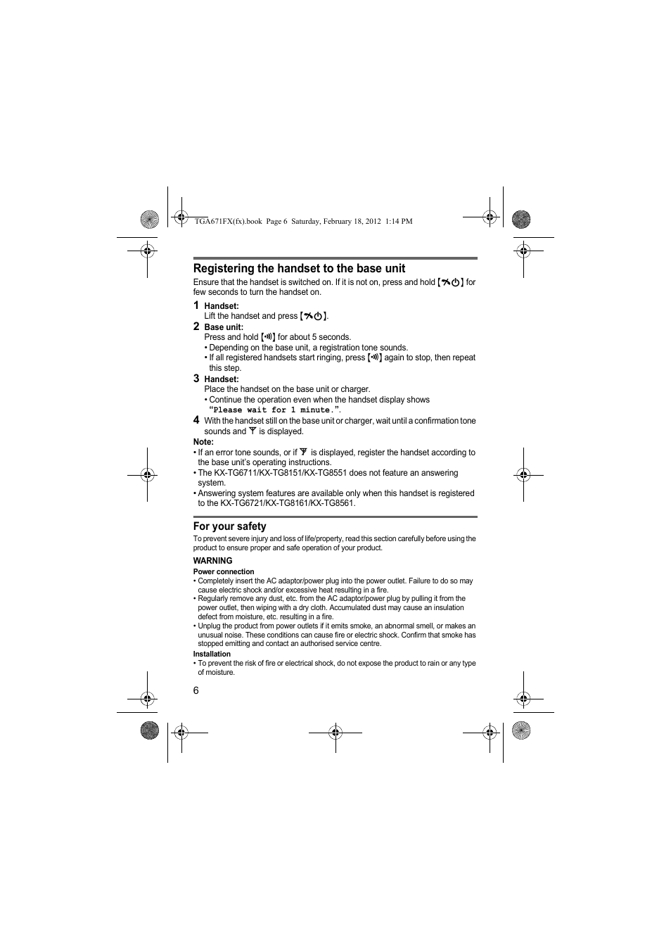 Registering the handset to the base unit | Panasonic KXTGA815FX User Manual | Page 6 / 84