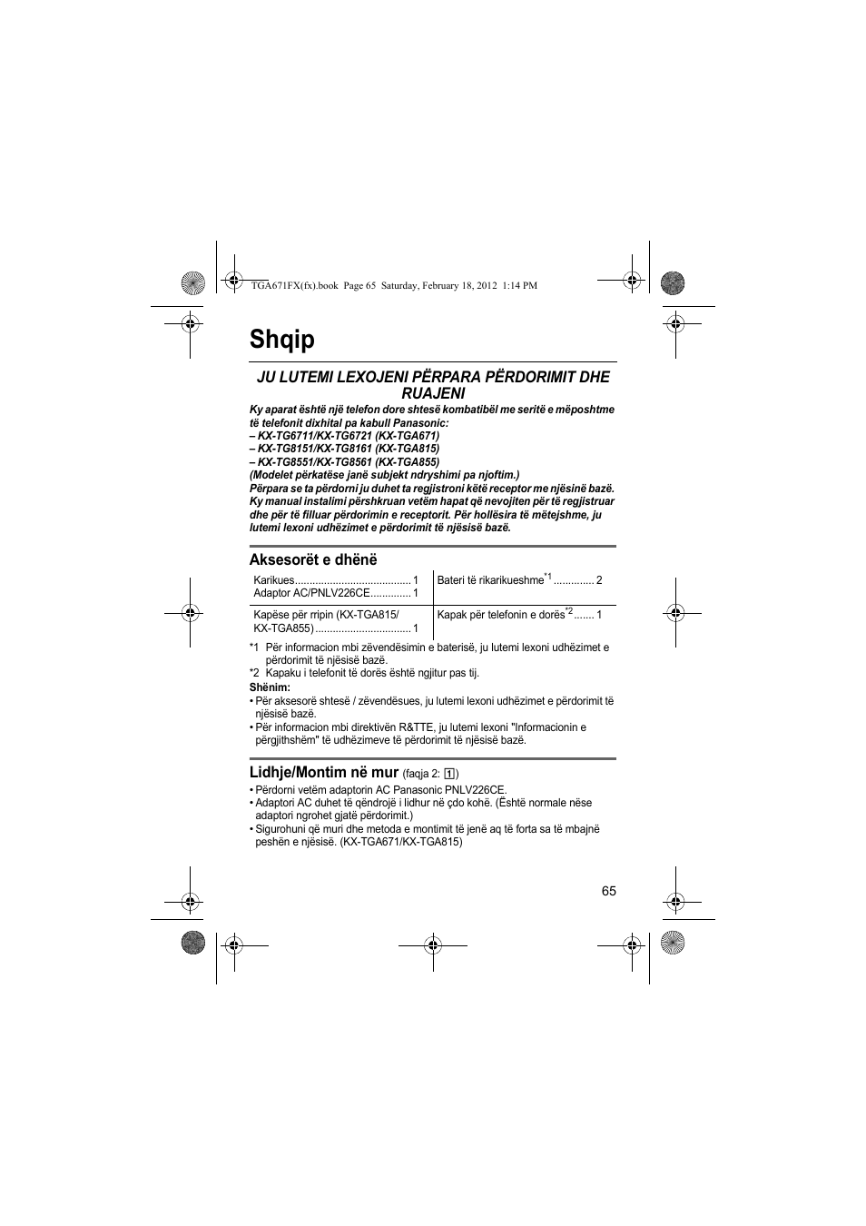 Shqip, Ju lutemi lexojeni përpara përdorimit dhe ruajeni, Aksesorët e dhënë | Lidhje/montim në mur | Panasonic KXTGA815FX User Manual | Page 65 / 84