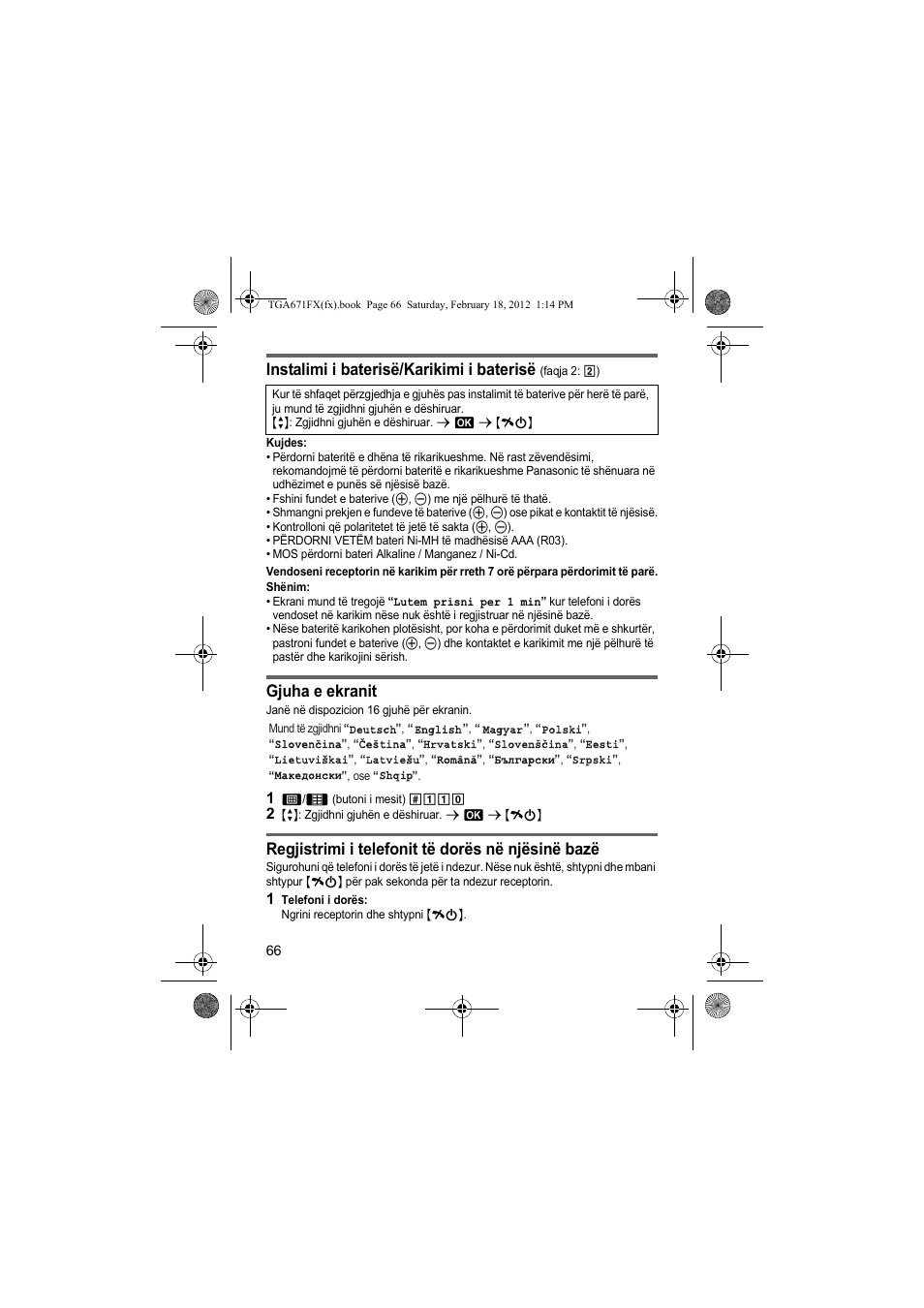 Instalimi i baterisë/karikimi i baterisë, Gjuha e ekranit, Regjistrimi i telefonit të dorës në njësinë bazë | Panasonic KXTGA815FX User Manual | Page 66 / 84