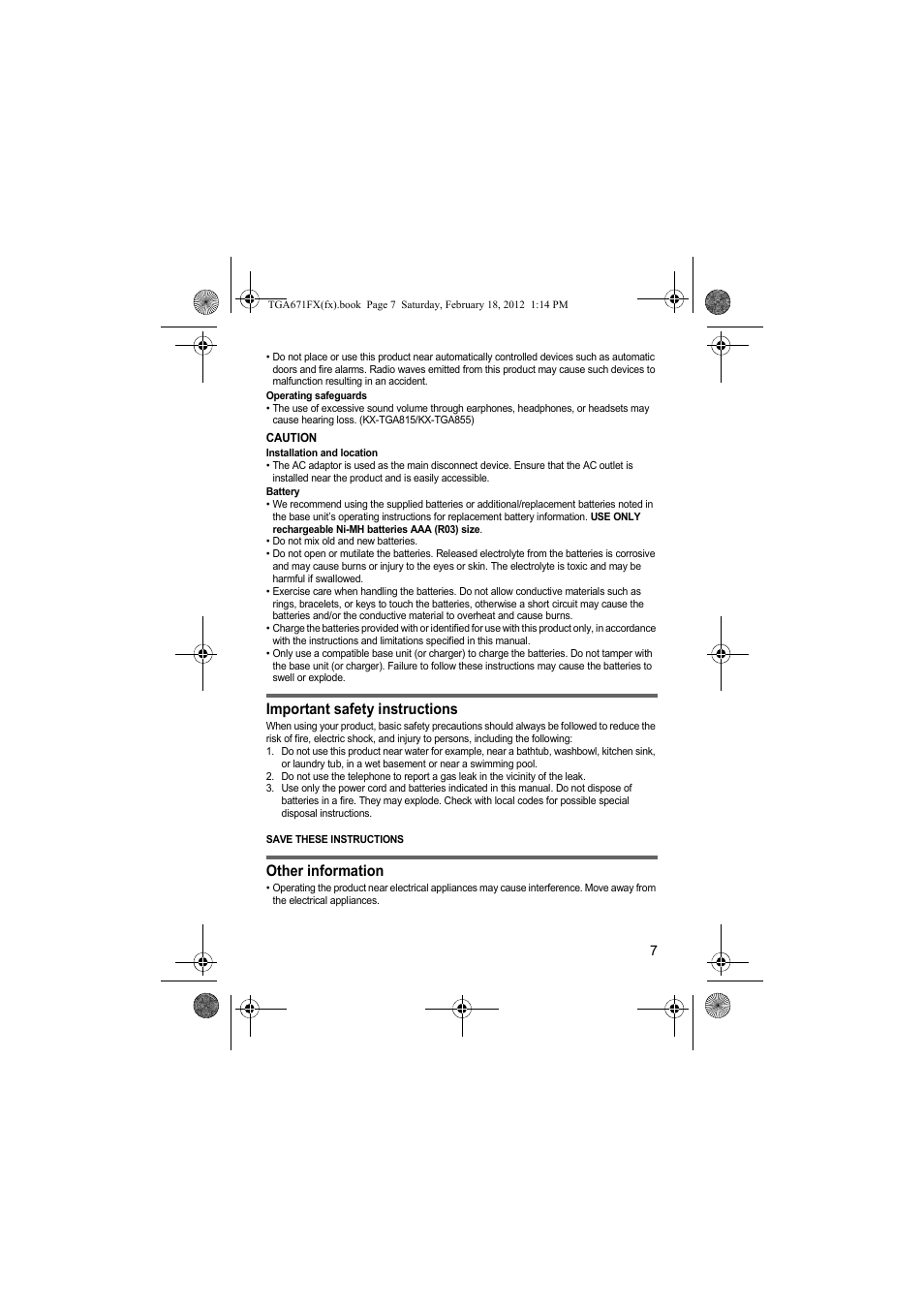 Important safety instructions, Other information | Panasonic KXTGA815FX User Manual | Page 7 / 84