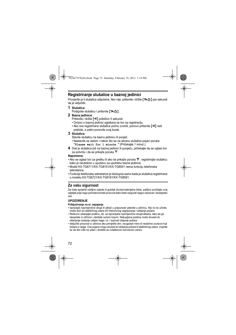 Registriranje slušalice u baznoj jedinici | Panasonic KXTGA815FX User Manual | Page 72 / 84