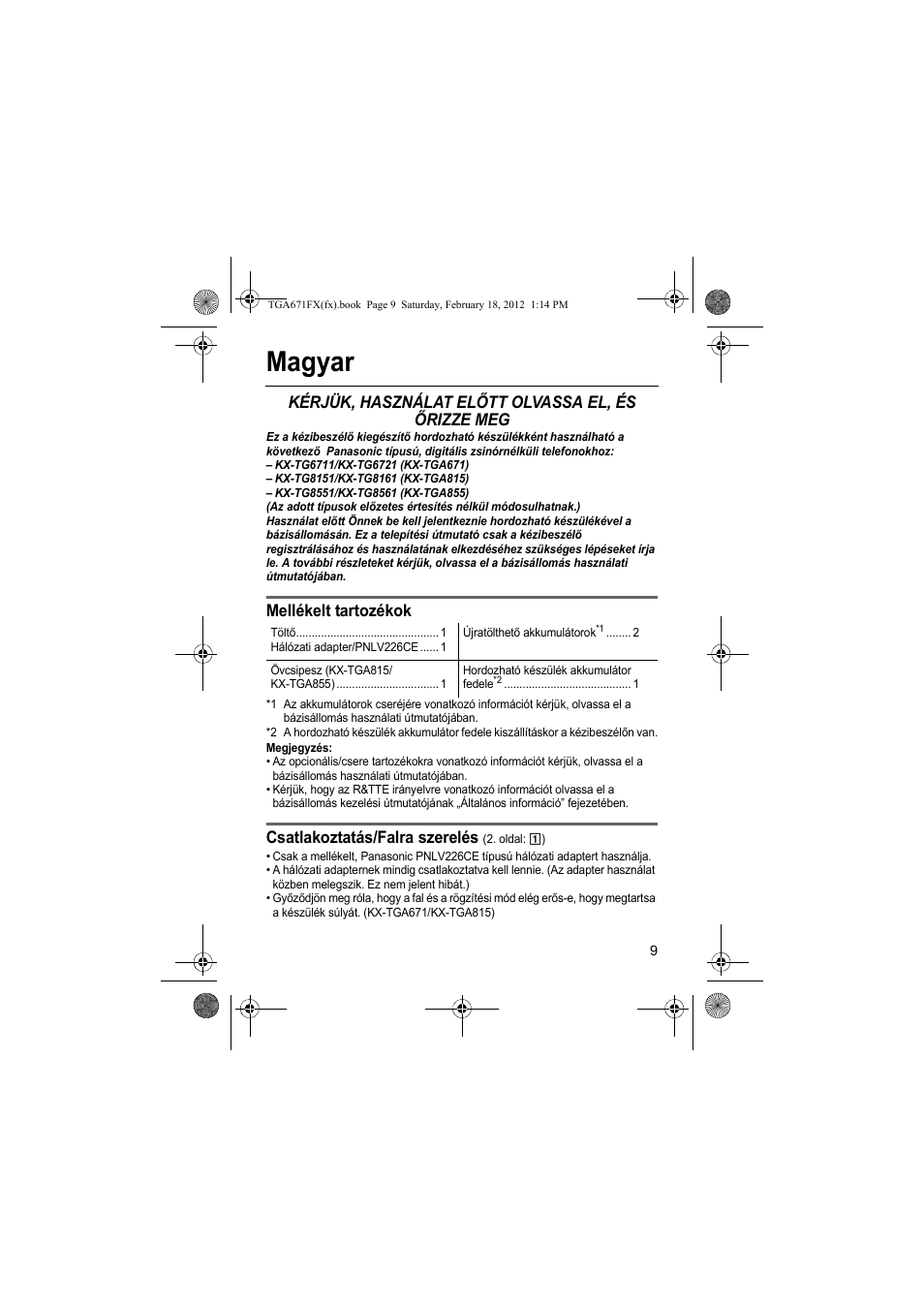 Magyar, Kérjük, használat előtt olvassa el, és őrizze meg, Mellékelt tartozékok | Csatlakoztatás/falra szerelés | Panasonic KXTGA815FX User Manual | Page 9 / 84