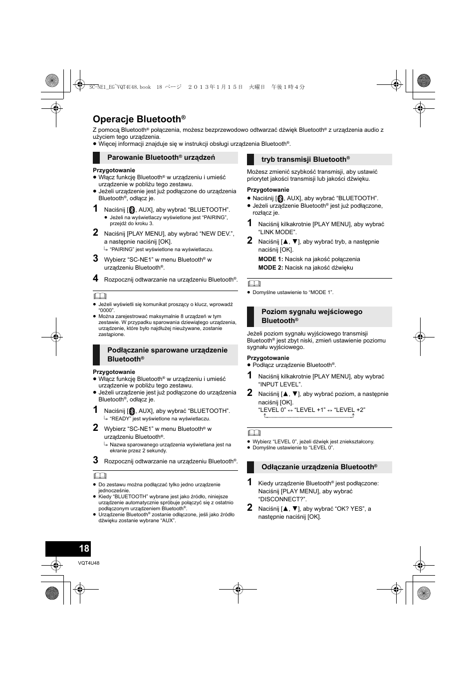 Operacje bluetooth | Panasonic SCNE1EG User Manual | Page 18 / 40