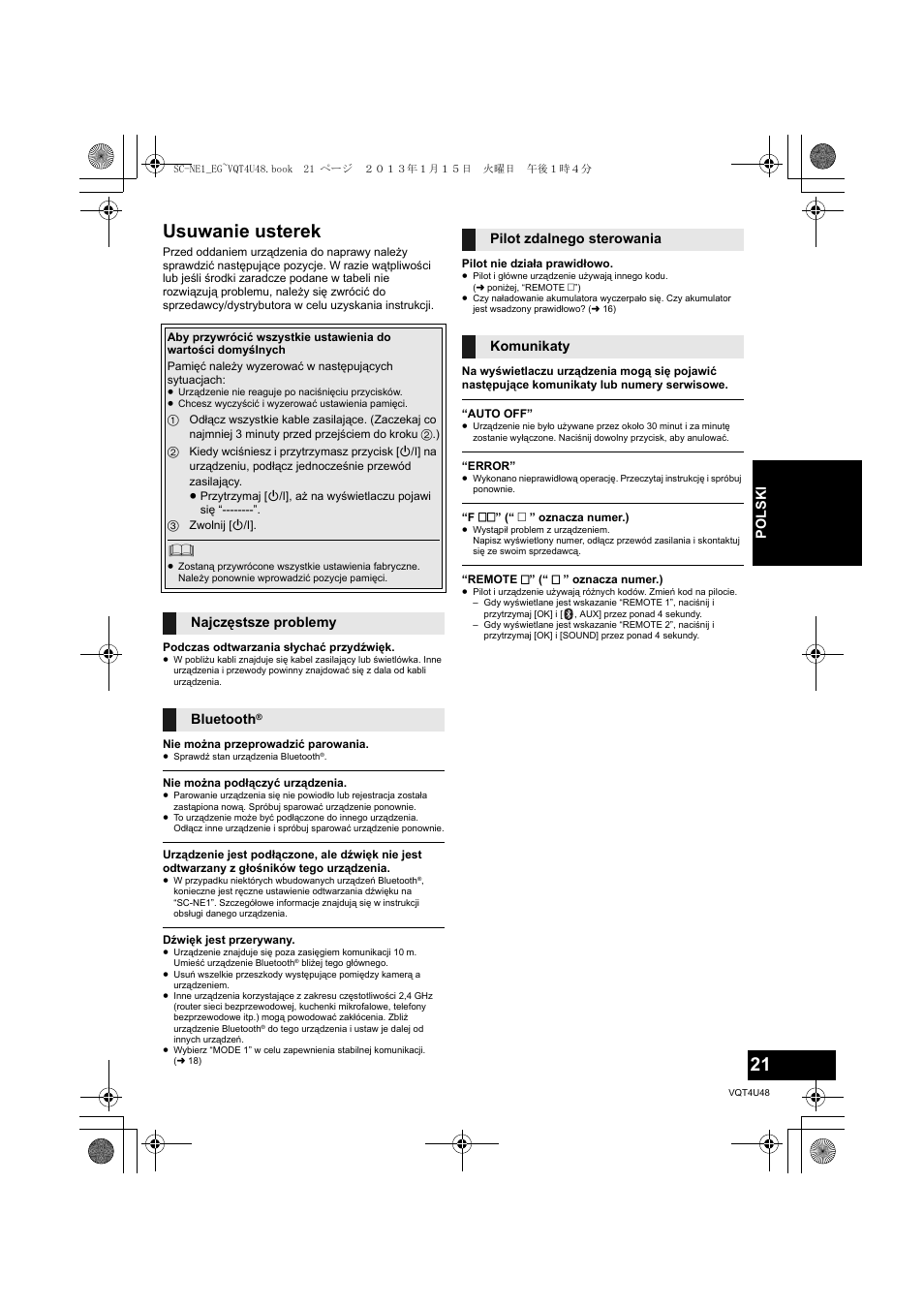 Usuwanie usterek, Po l sk i, Najczęstsze problemy bluetooth | Pilot zdalnego sterowania komunikaty | Panasonic SCNE1EG User Manual | Page 21 / 40