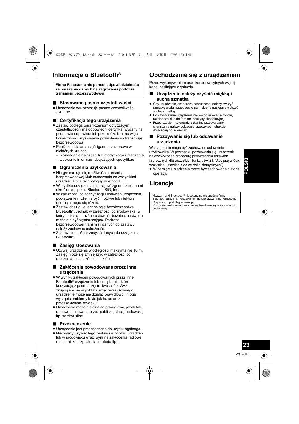 Informacje o bluetooth, Obchodzenie się z urządzeniem, Licencje | Panasonic SCNE1EG User Manual | Page 23 / 40