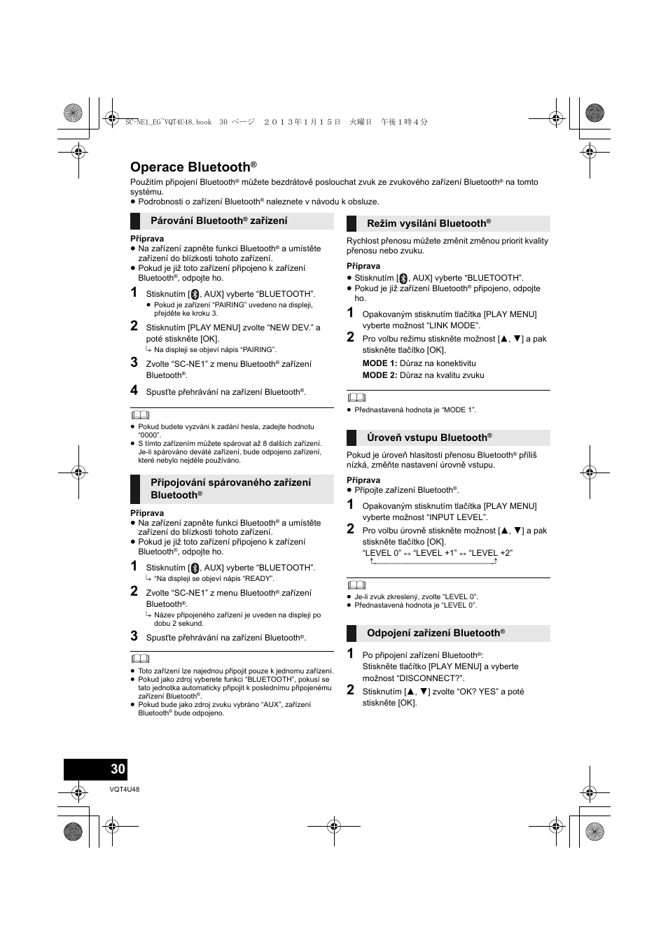 Operace bluetooth | Panasonic SCNE1EG User Manual | Page 30 / 40