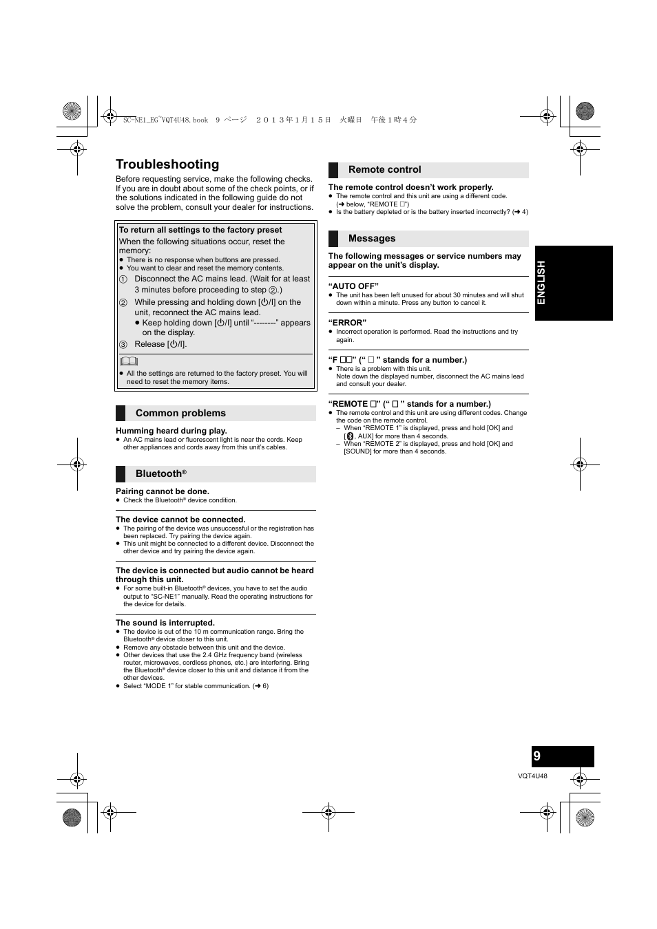Troubleshooting, English, Common problems bluetooth | Remote control messages | Panasonic SCNE1EG User Manual | Page 9 / 40