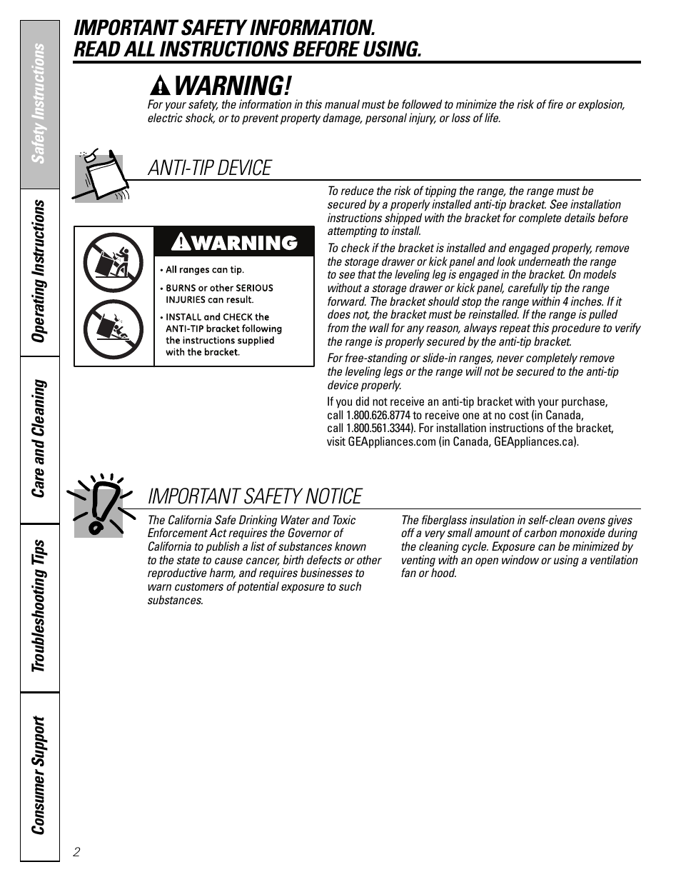 Warning, Important safety notice, Anti-tip device | Americana Appliances ABS200 User Manual | Page 2 / 40