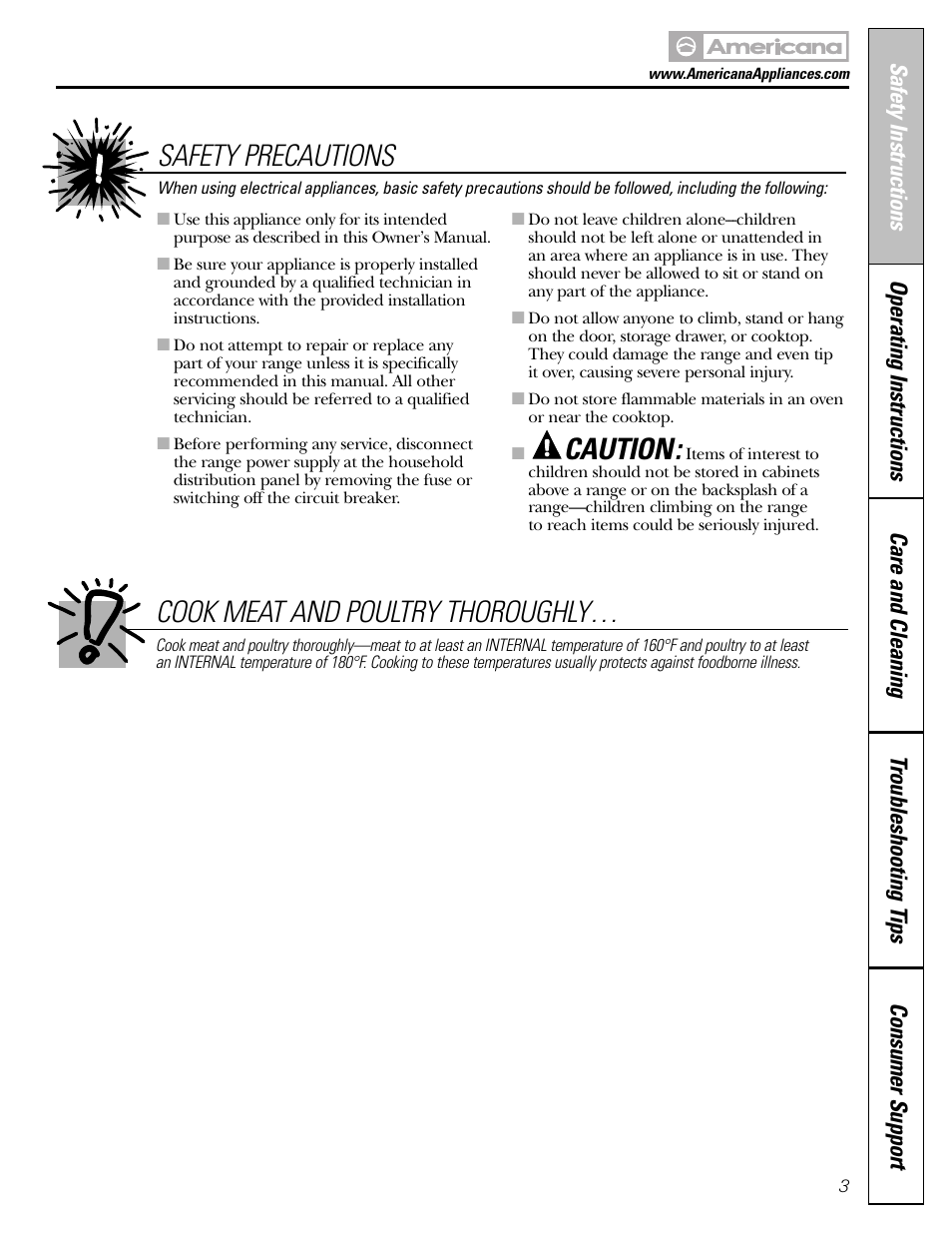 Caution, Safety precautions, Cook meat and poultry thoroughly | Americana Appliances ABS200 User Manual | Page 3 / 40