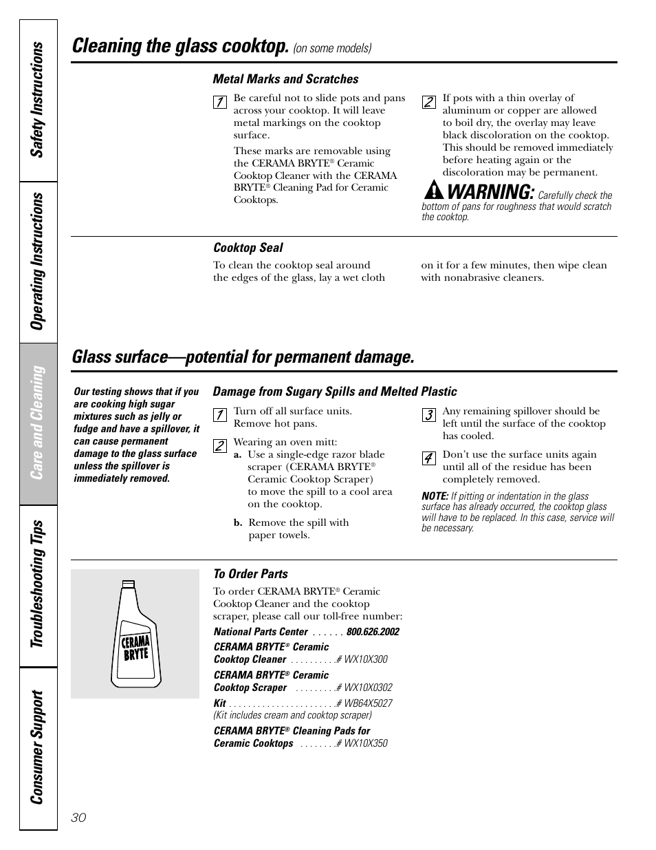 Cleaning the glass cooktop, Warning, Glass surface—potential for permanent damage | Americana Appliances ABS200 User Manual | Page 30 / 40