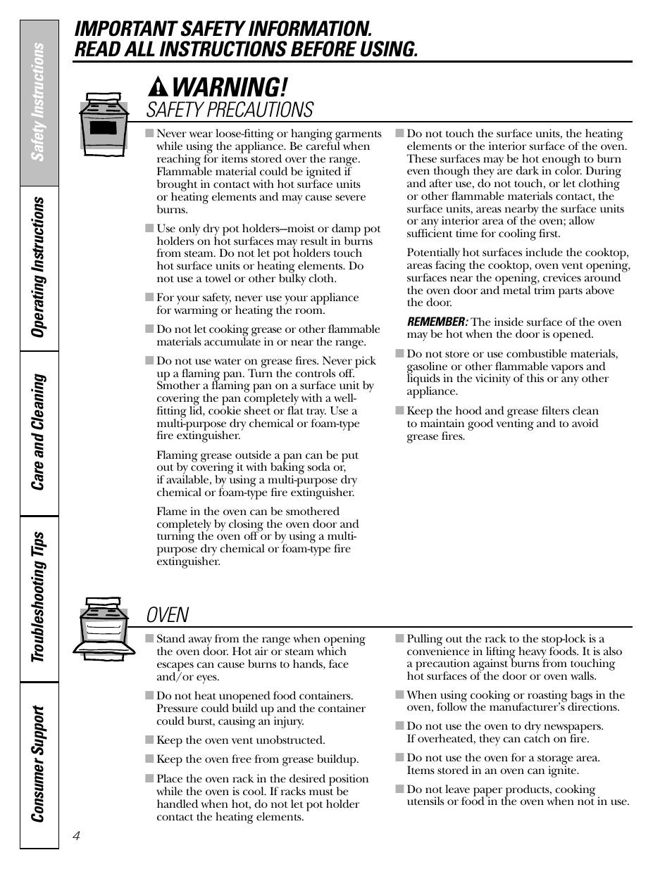 Warning, Safety precautions, Oven | Americana Appliances ABS200 User Manual | Page 4 / 40