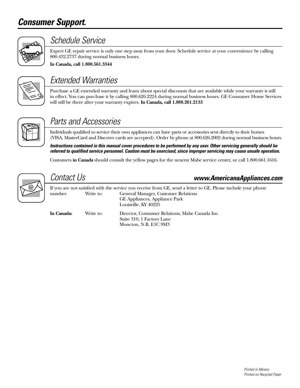 Consumer support. schedule service, Extended warranties, Parts and accessories | Contact us | Americana Appliances ABS200 User Manual | Page 40 / 40