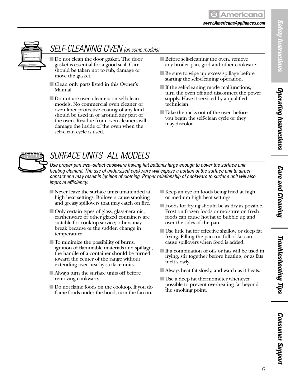 Self-cleaning oven, Surface units–all models | Americana Appliances ABS200 User Manual | Page 5 / 40