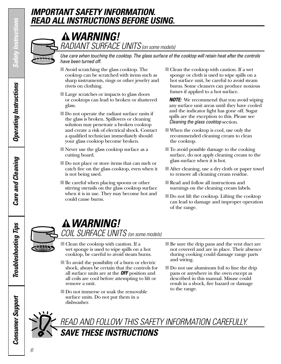 Warning, Radiant surface units, Coil surface units | Americana Appliances ABS200 User Manual | Page 6 / 40