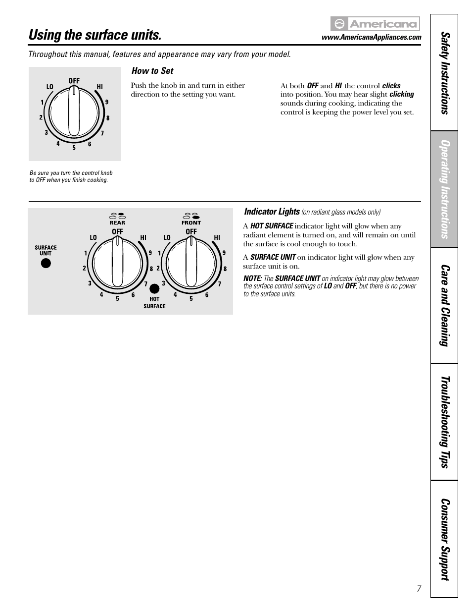 Using the surface units | Americana Appliances ABS200 User Manual | Page 7 / 40
