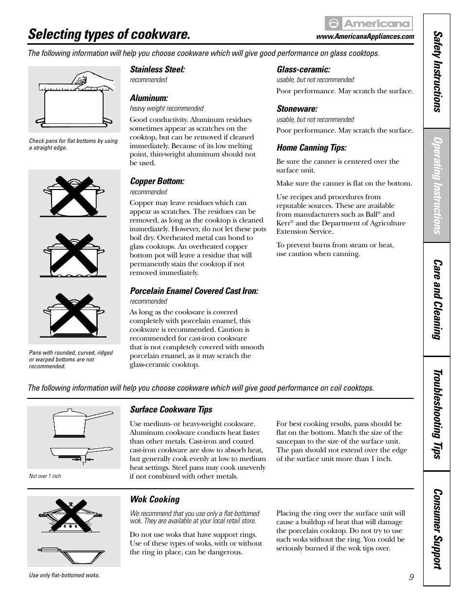 Selecting types of cookware | Americana Appliances ABS200 User Manual | Page 9 / 40