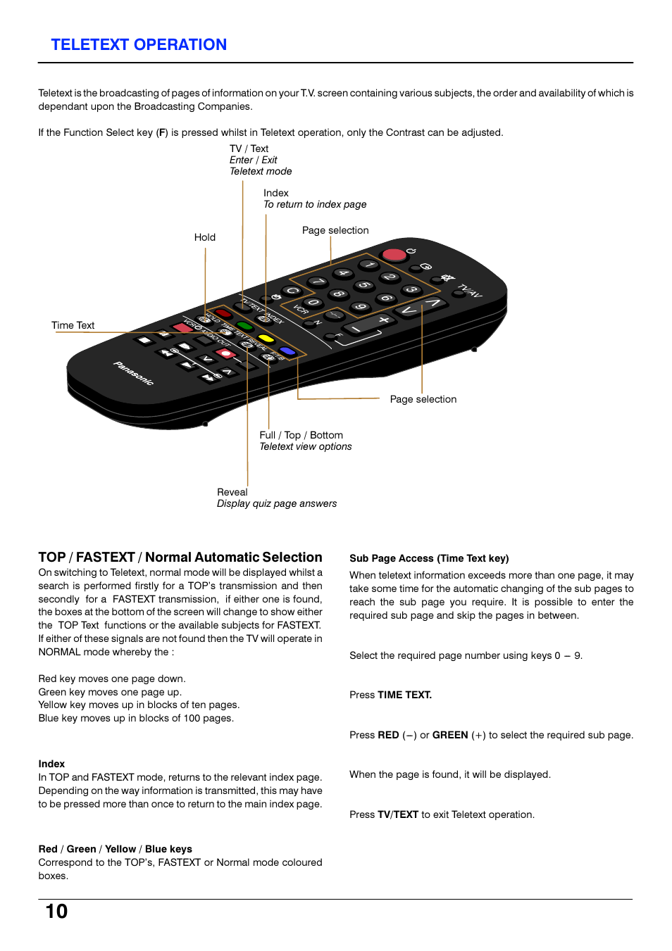 Teletext operation, Enter i exit teletext mode, Teletext view options | Panasonic TX21S3TP User Manual | Page 10 / 40