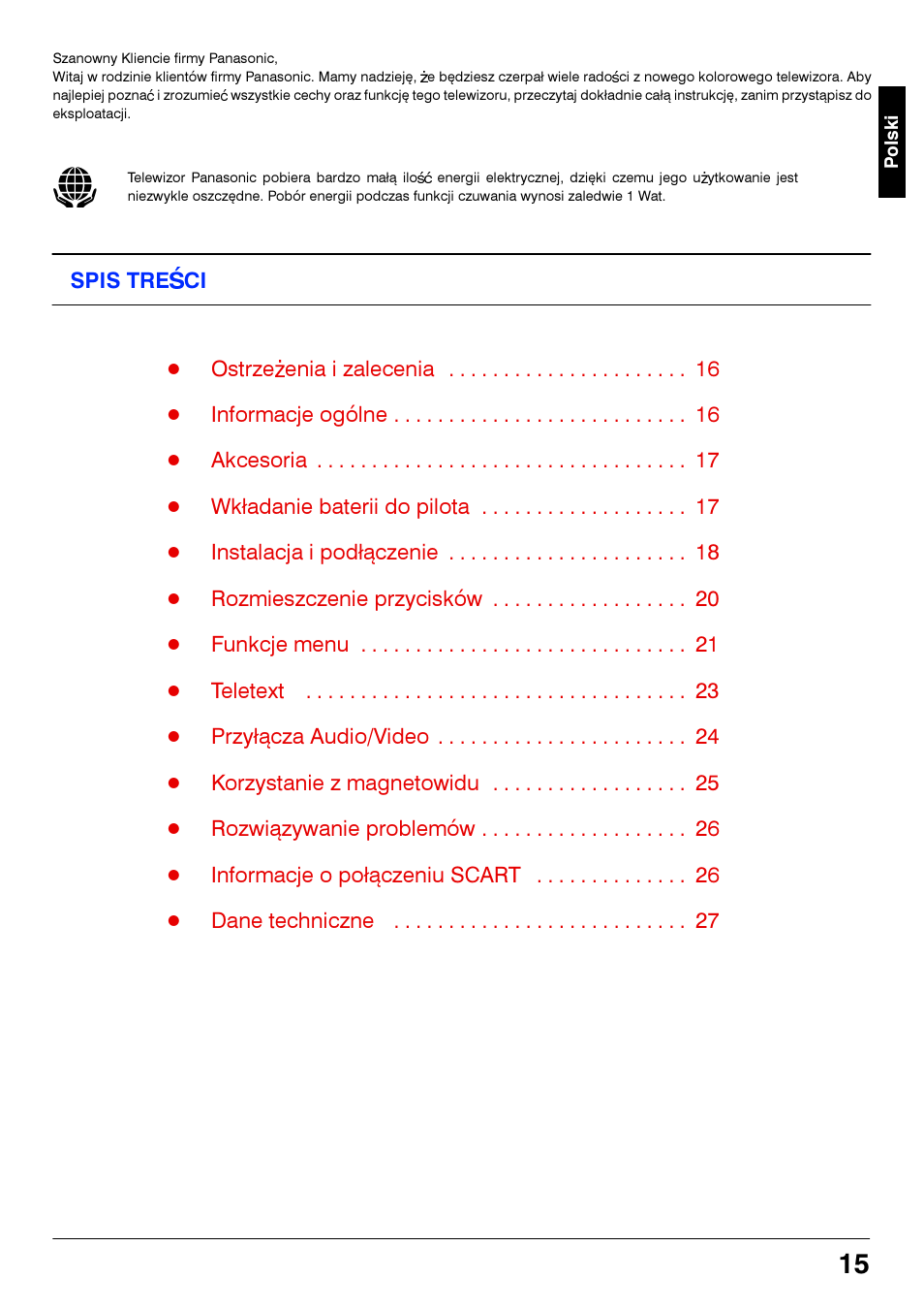 Spis tresci | Panasonic TX21S3TP User Manual | Page 15 / 40