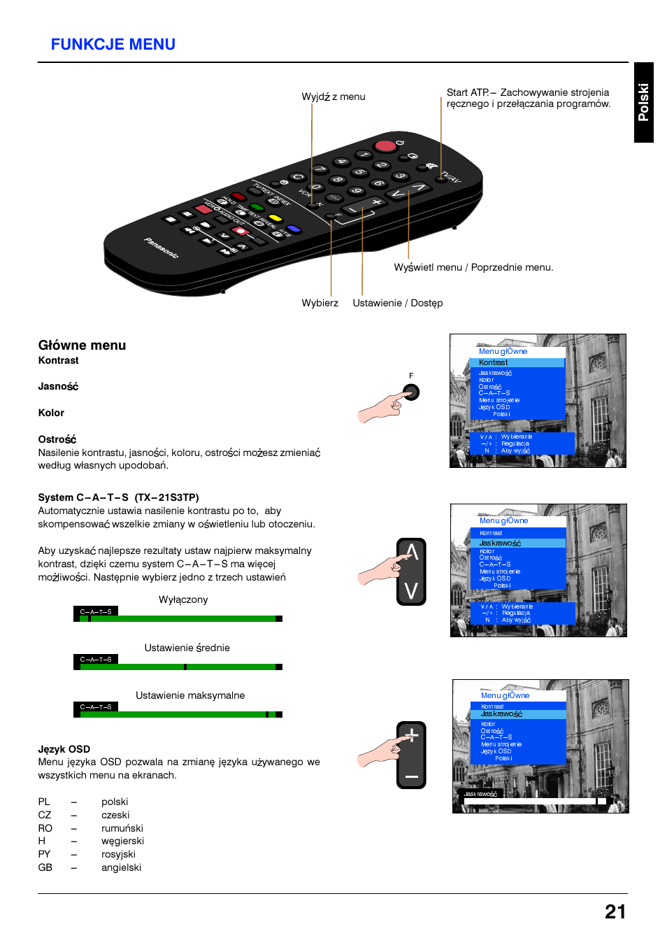 Funkcje menu, Gtówne menu | Panasonic TX21S3TP User Manual | Page 21 / 40