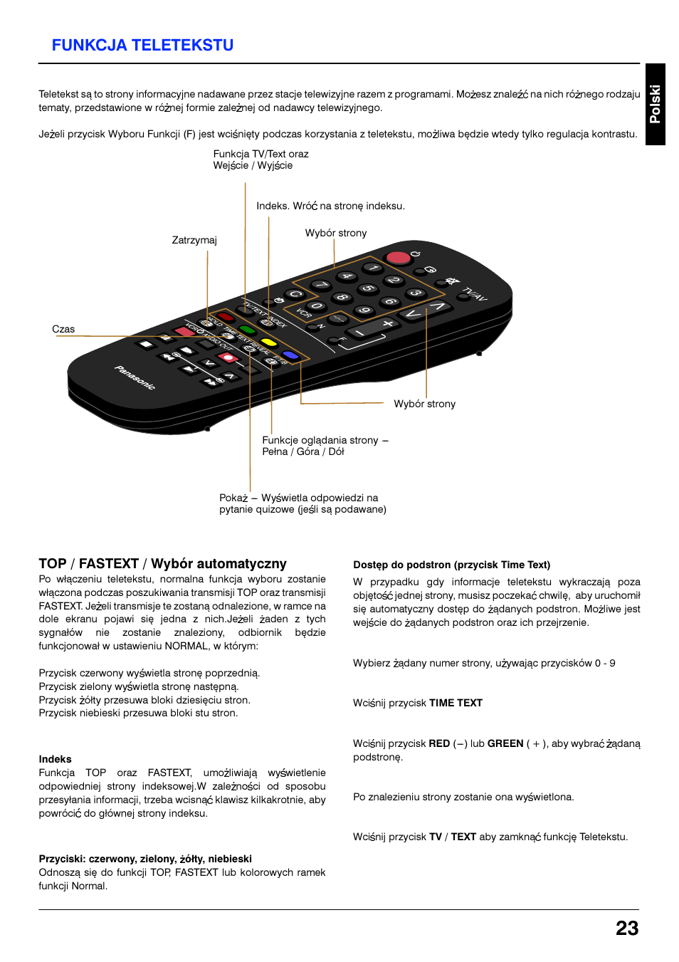 Funkcja teletekstu, Top / fastext / wybor automatyczny | Panasonic TX21S3TP User Manual | Page 23 / 40