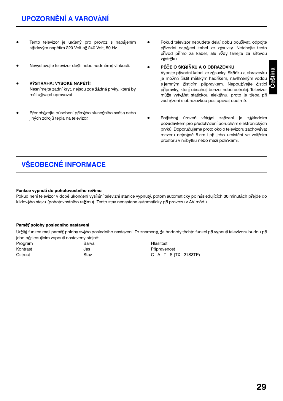 Vseobecne informace, Vseobecné informace, Upozorneni a varovani | Panasonic TX21S3TP User Manual | Page 29 / 40
