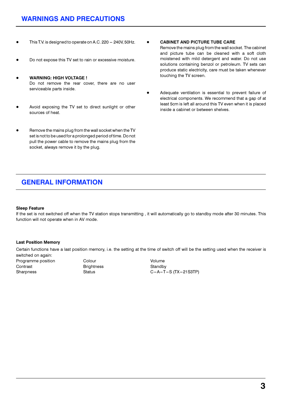 Warnings and precautions, Warning: high voltage, Cabinet and picture tube care | General information, Sleep feature, Last position memory | Panasonic TX21S3TP User Manual | Page 3 / 40