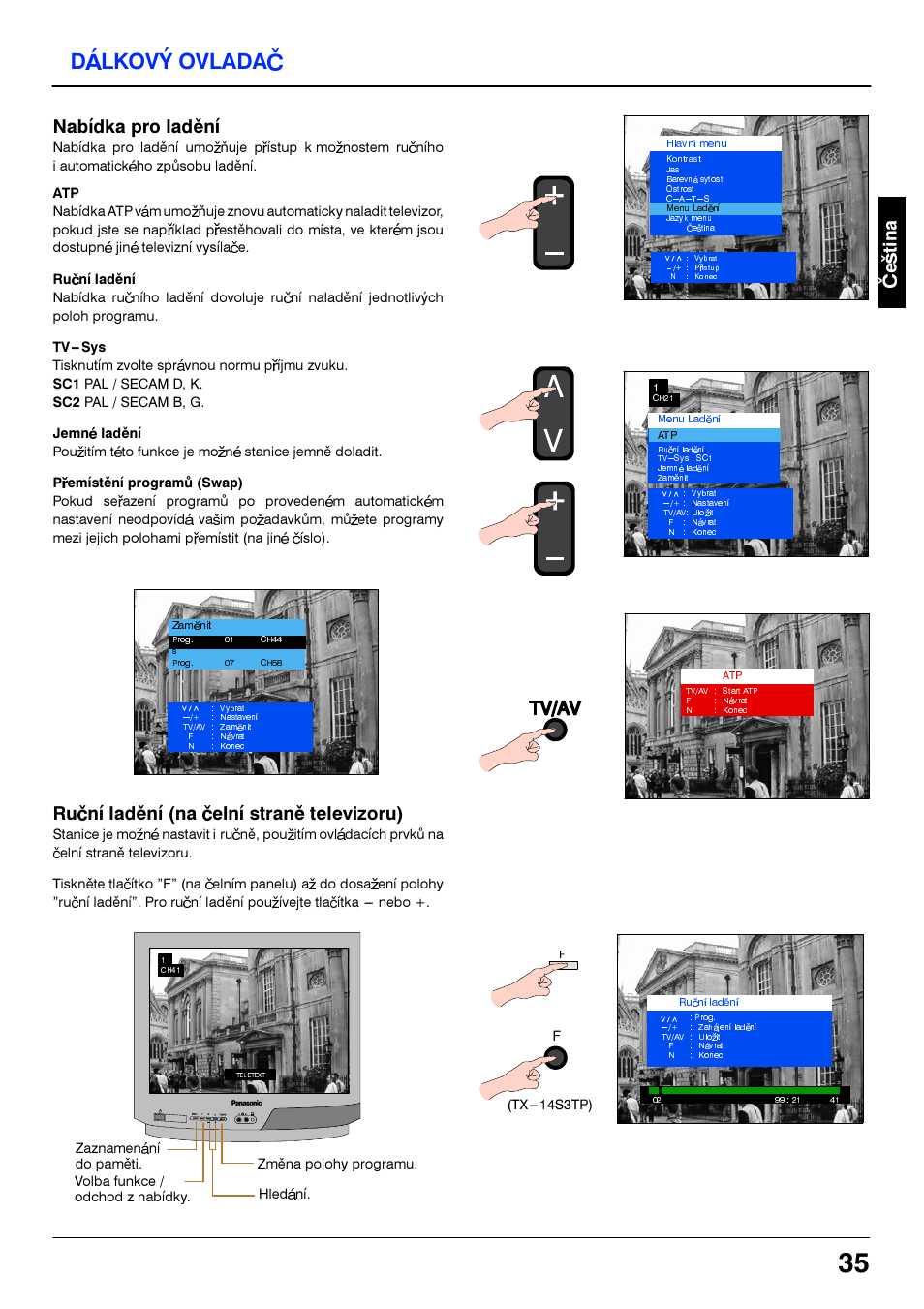 Dalkovy ovladac, Tv/av, Nabidka pro ladèni | Ruèni ladèni (na èeini stranè televizoru) | Panasonic TX21S3TP User Manual | Page 35 / 40