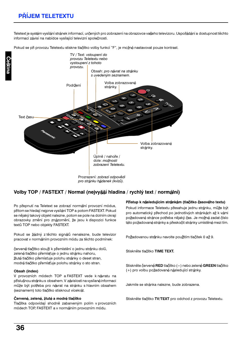 Prijem teletextu, Pro navrat na strànku s uvedenym seznamem, Moznosti zobrazeni teletextu | Panasonic TX21S3TP User Manual | Page 36 / 40