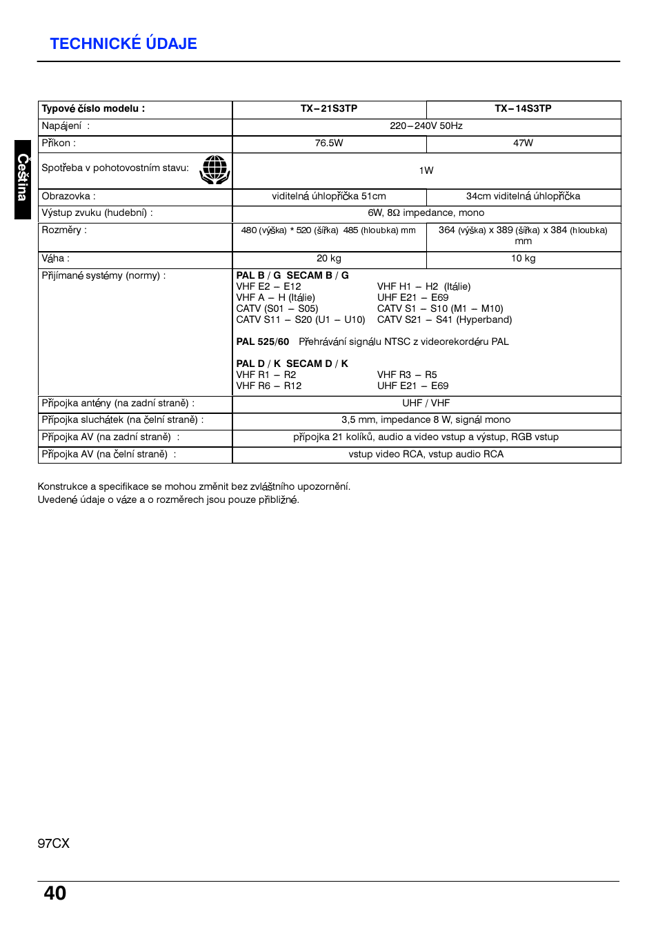 Technicke udaje, Technické ùdaje, 97cx | Panasonic TX21S3TP User Manual | Page 40 / 40