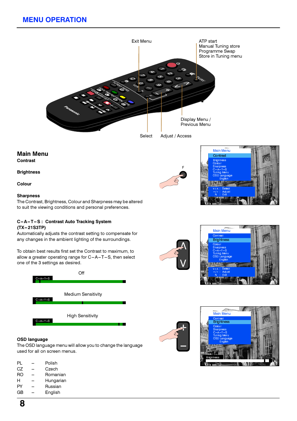 Menu operation, Main menu | Panasonic TX21S3TP User Manual | Page 8 / 40