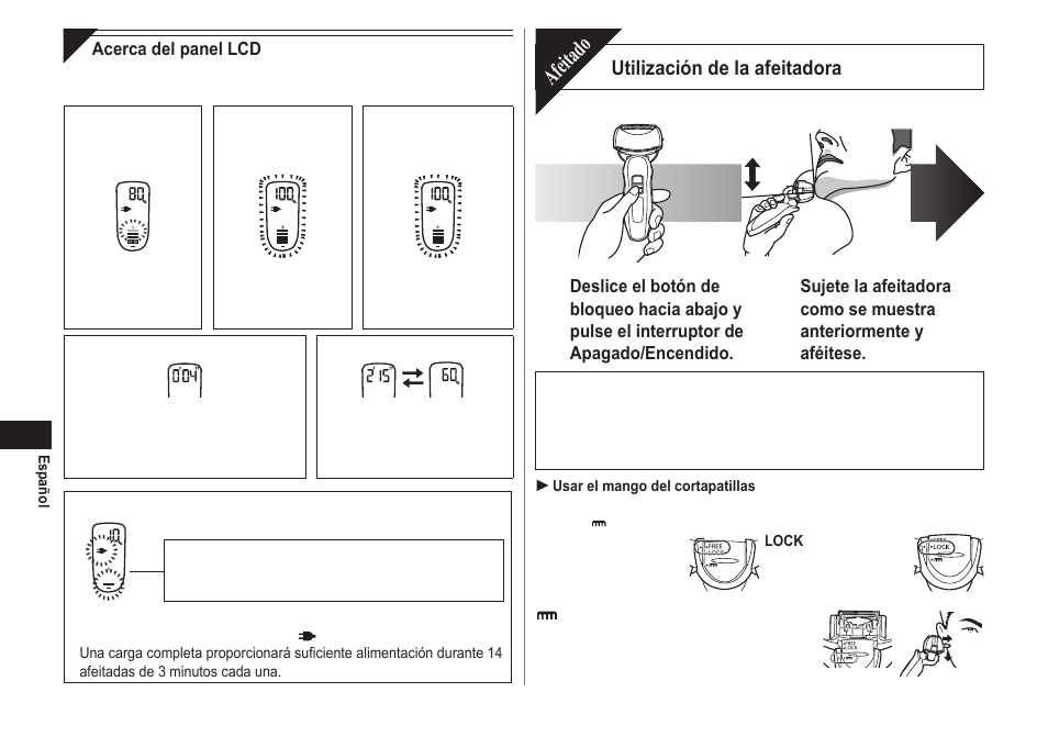 Afeitado, Utilización de la afeitadora | Panasonic ESLA63 User Manual | Page 36 / 108