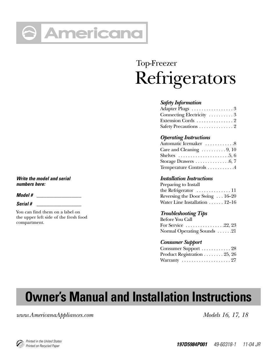 Americana Appliances 17 User Manual | 56 pages