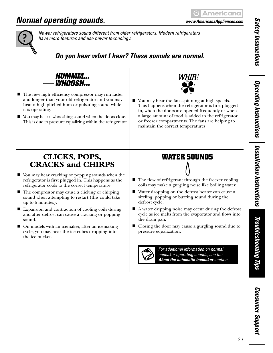 Normal operating sounds, Hummm... whoosh, Clicks, pops, cracks and chirps | Water sounds, Do you hear what i hear? these sounds are normal | Americana Appliances 17 User Manual | Page 21 / 56