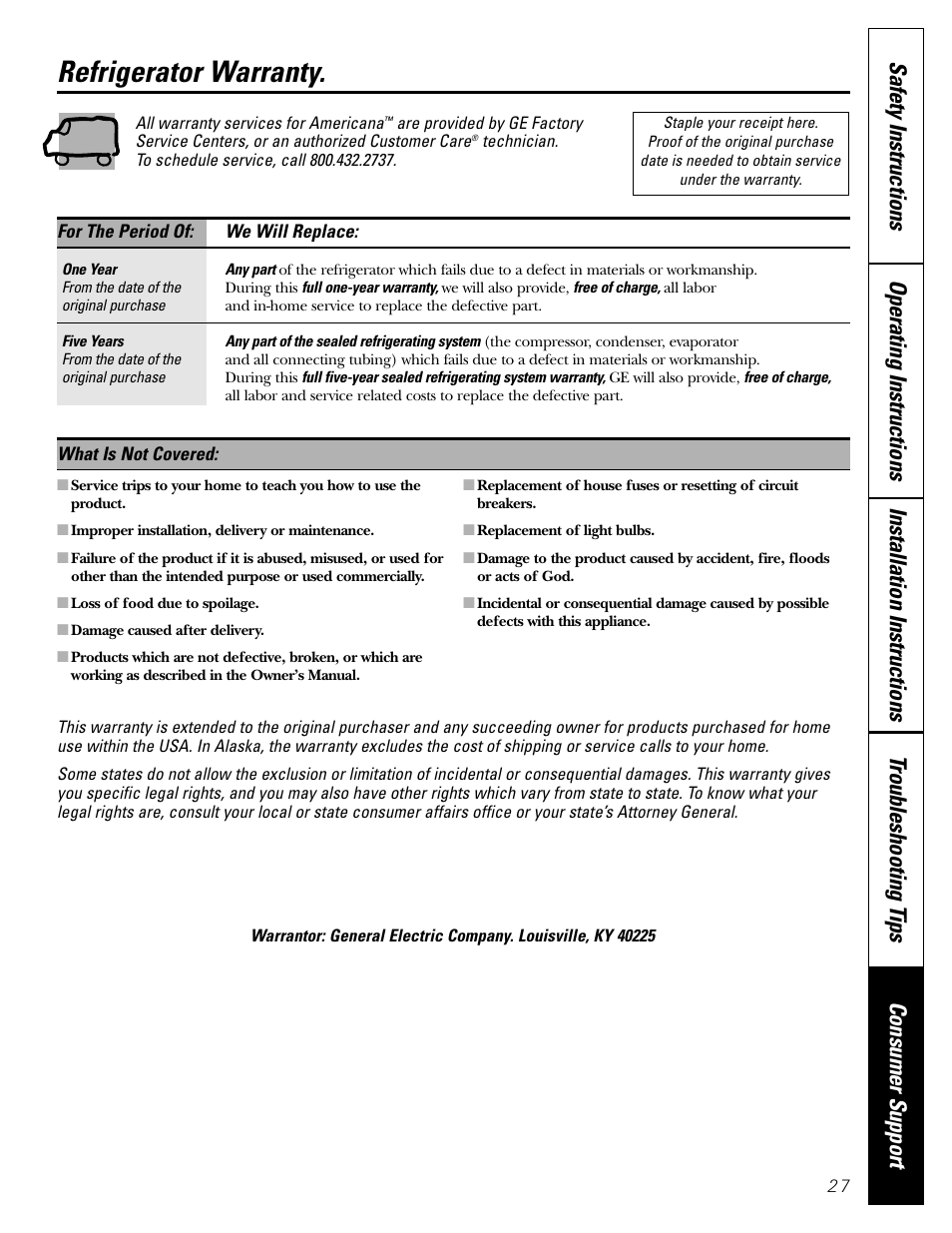 Warranty, Refrigerator warranty | Americana Appliances 17 User Manual | Page 27 / 56